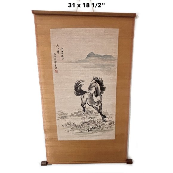 Asian Bamboo Scroll Galloping Horse Hand Painted 31.x18.5” Mid-Century Signed - Picture 1 of 5